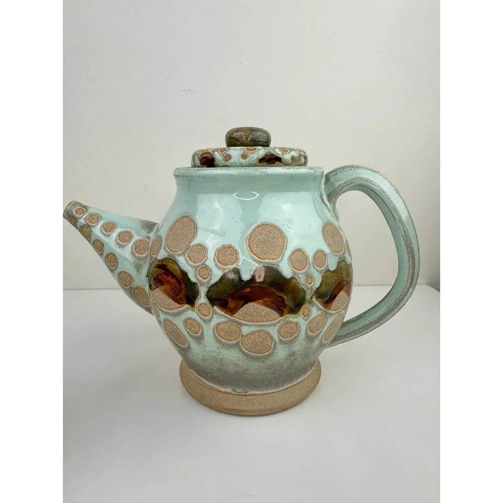 OOAK Blue Beige Ceramic Hand Thrown Pottery Tea Plate Cup Teapot Tea Set 3-Piece